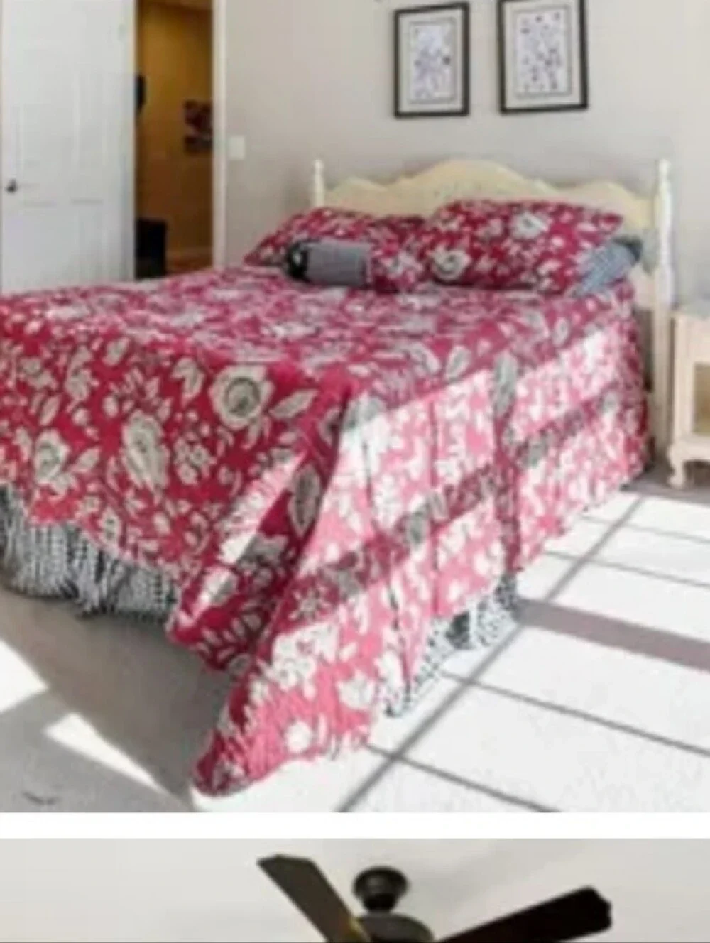Floral Red Full/Queen Bedspread With Gingham Ruffle